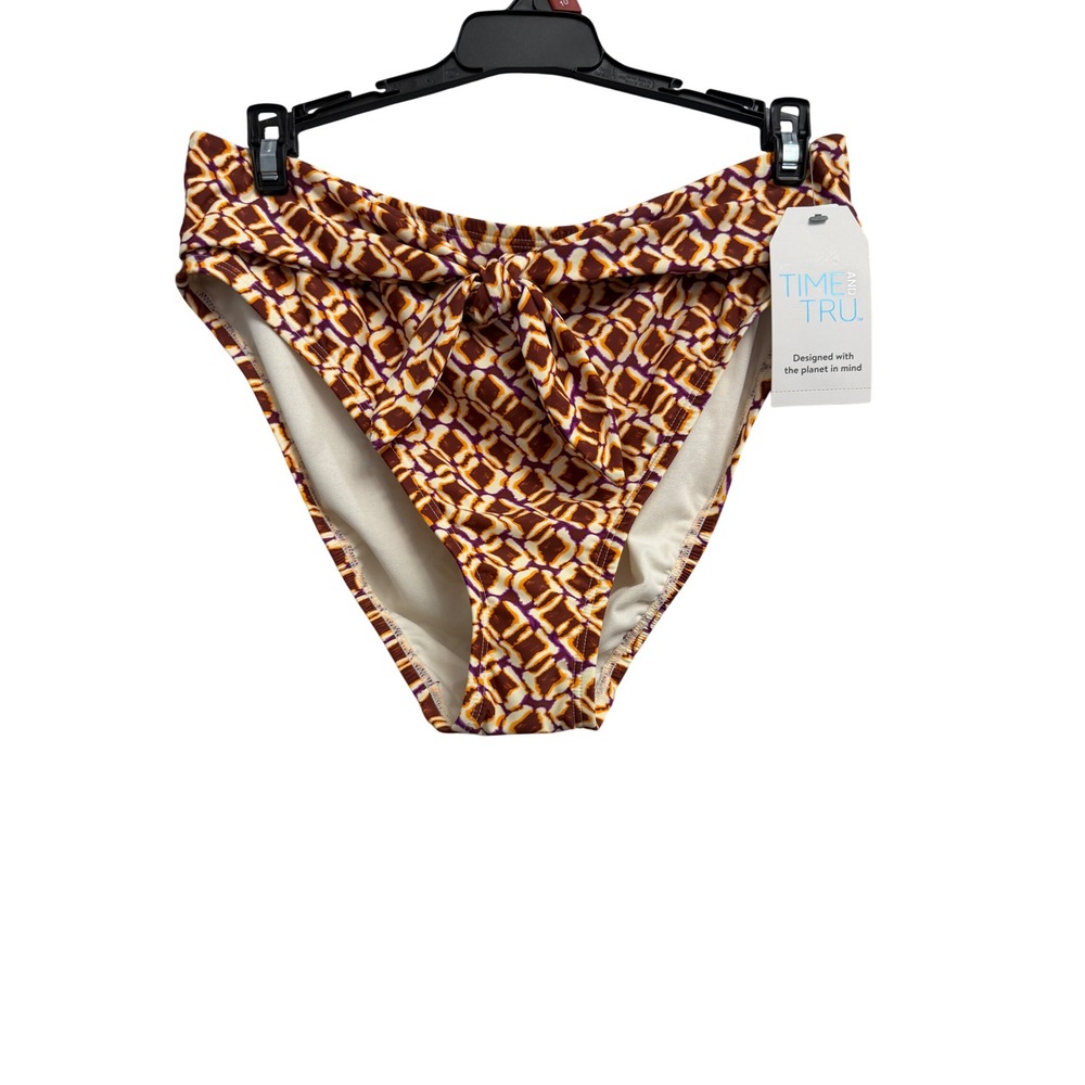 Time and Tru Women High Rise High Leg Tie Front Bikini Bottom Geometric Brown M